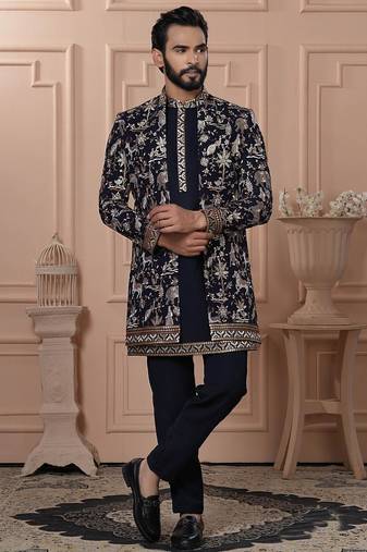 Blue velvet embroidered premium designer indo western for men's