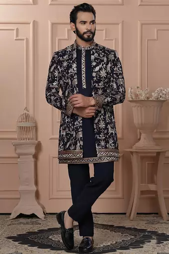 Blue velvet embroidered premium designer indo western for men's