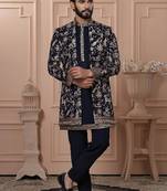 Blue velvet embroidered premium designer indo western for men's