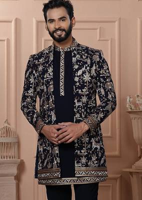 Blue velvet embroidered premium designer indo western for men's 2