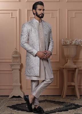 Grey silk embroidered premium designer indo western for men's 1