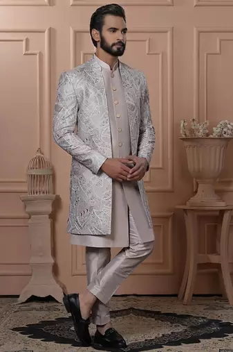 Grey silk embroidered premium designer indo western for men's