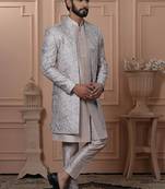 Grey silk embroidered premium designer indo western for men's