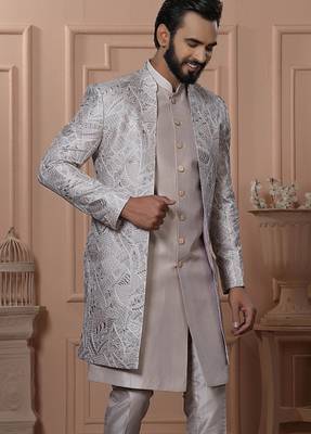 Grey silk embroidered premium designer indo western for men's 2