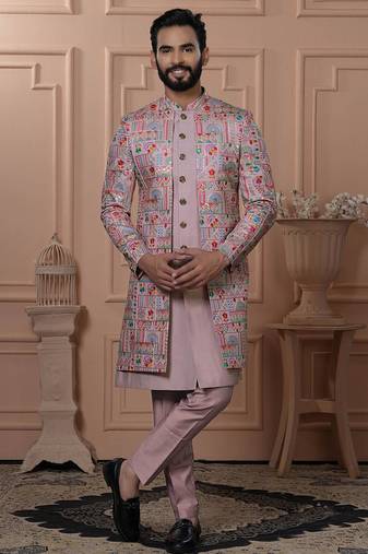 Pink silk embroidered premium designer indo western for men's