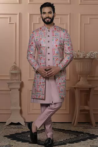 Pink silk embroidered premium designer indo western for men's