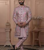 Pink silk embroidered premium designer indo western for men's