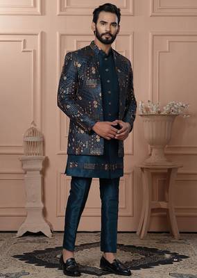 Green silk embroidered premium designer indo western for men's 1