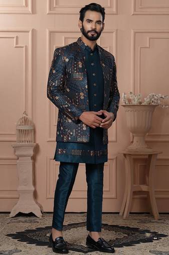 Green silk embroidered premium designer indo western for men's