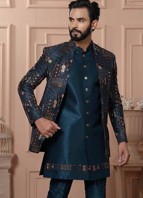 Green silk embroidered premium designer indo western for men's 2