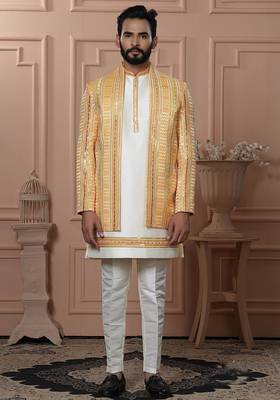 Yellow silk embroidered premium designer indo western for men's 1