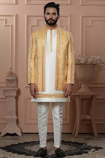 Yellow silk embroidered premium designer indo western for men's