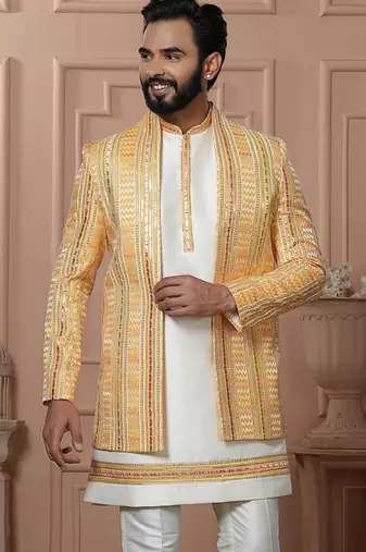 Yellow silk embroidered premium designer indo western for men's
