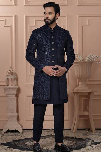 Blue velvet embroidered premium designer indo western for men's
