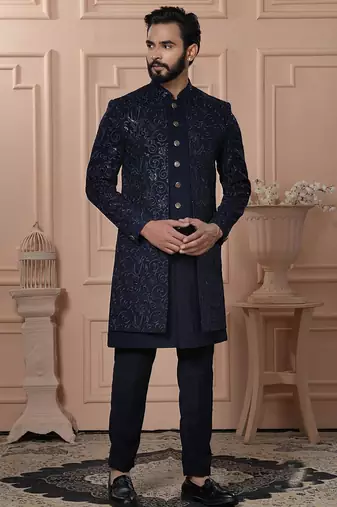 Blue velvet embroidered premium designer indo western for men's