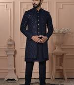 Blue velvet embroidered premium designer indo western for men's