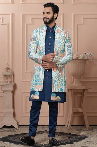 Multicolor silk embroidered premium designer indo western for men's