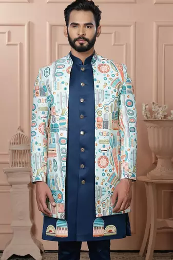 Multicolor silk embroidered premium designer indo western for men's