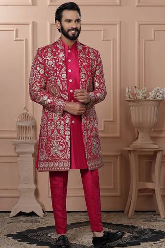 Pink silk embroidered premium designer indo western for men's