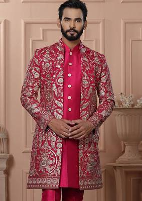Pink silk embroidered premium designer indo western for men's 2