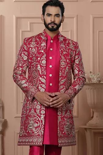 Pink silk embroidered premium designer indo western for men's