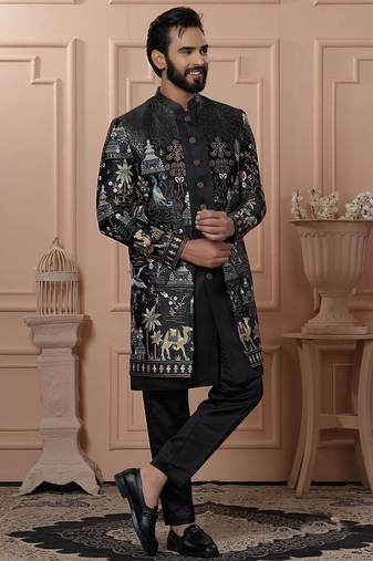 Black rayon embroidered premium designer indo western for men's