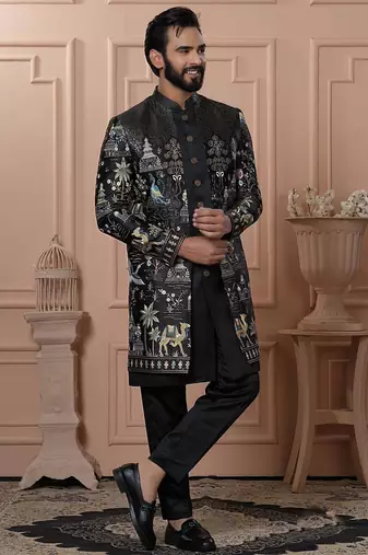Black rayon embroidered premium designer indo western for men's