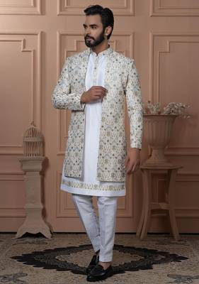 White silk embroidered premium designer indo western for men's 1