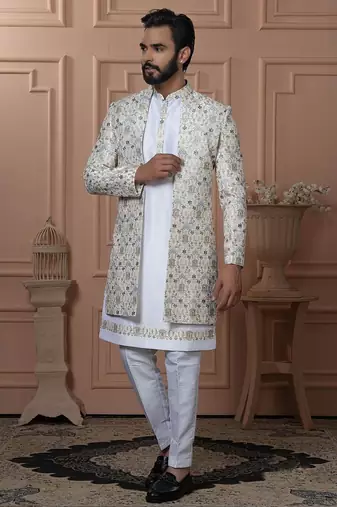 White silk embroidered premium designer indo western for men's