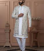 White silk embroidered premium designer indo western for men's