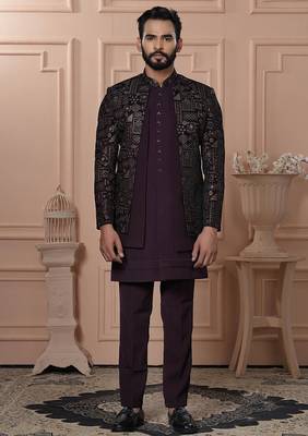 Red velvet embroidered premium designer indo western for men's 1