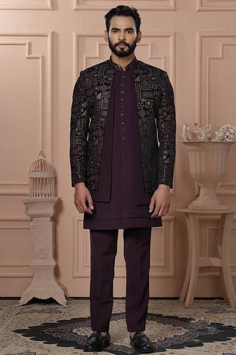 Red velvet embroidered premium designer indo western for men's