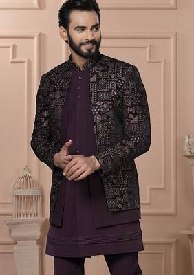 Red velvet embroidered premium designer indo western for men's 2