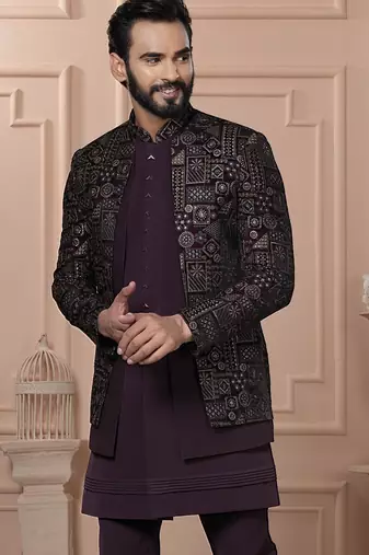 Red velvet embroidered premium designer indo western for men's