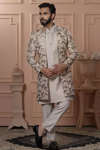 Beige silk embroidered premium designer indo western for men's