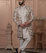 Beige silk embroidered premium designer indo western for men's