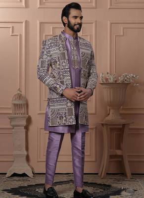 Pink silk embroidered premium designer indo western for men's 1