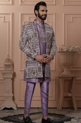 Pink silk embroidered premium designer indo western for men's