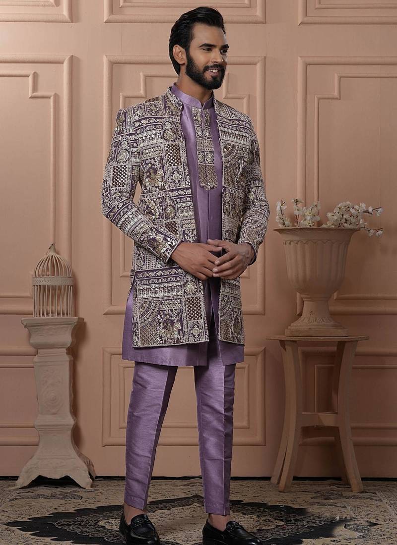 Pink silk embroidered premium designer indo western for men's