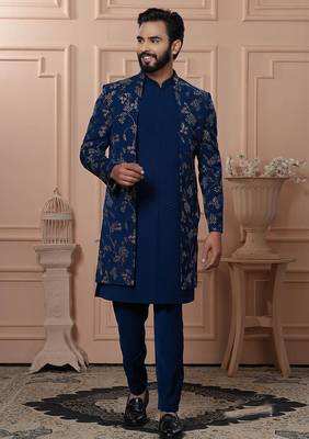 Blue velvet embroidered premium designer indo western for men's 1
