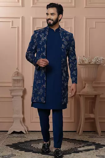 Blue velvet embroidered premium designer indo western for men's