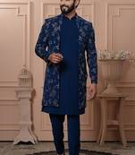 Blue velvet embroidered premium designer indo western for men's