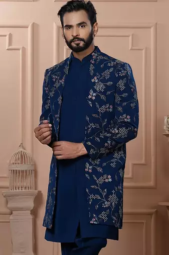 Blue velvet embroidered premium designer indo western for men's