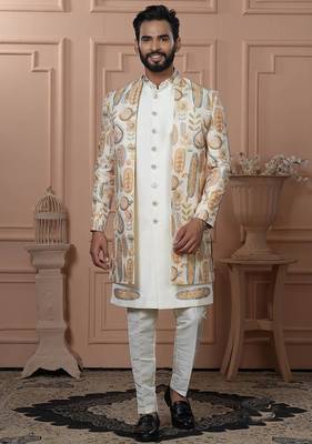 White silk embroidered premium designer indo western for men's 1