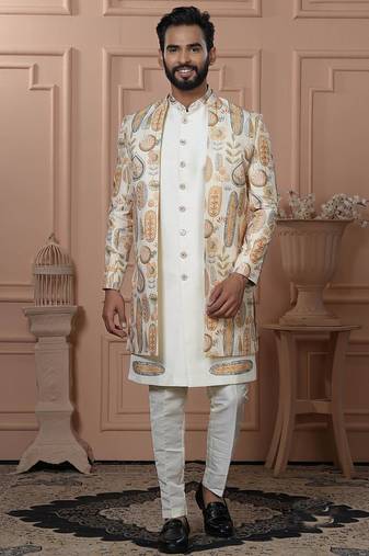 White silk embroidered premium designer indo western for men's