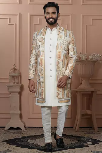 White silk embroidered premium designer indo western for men's