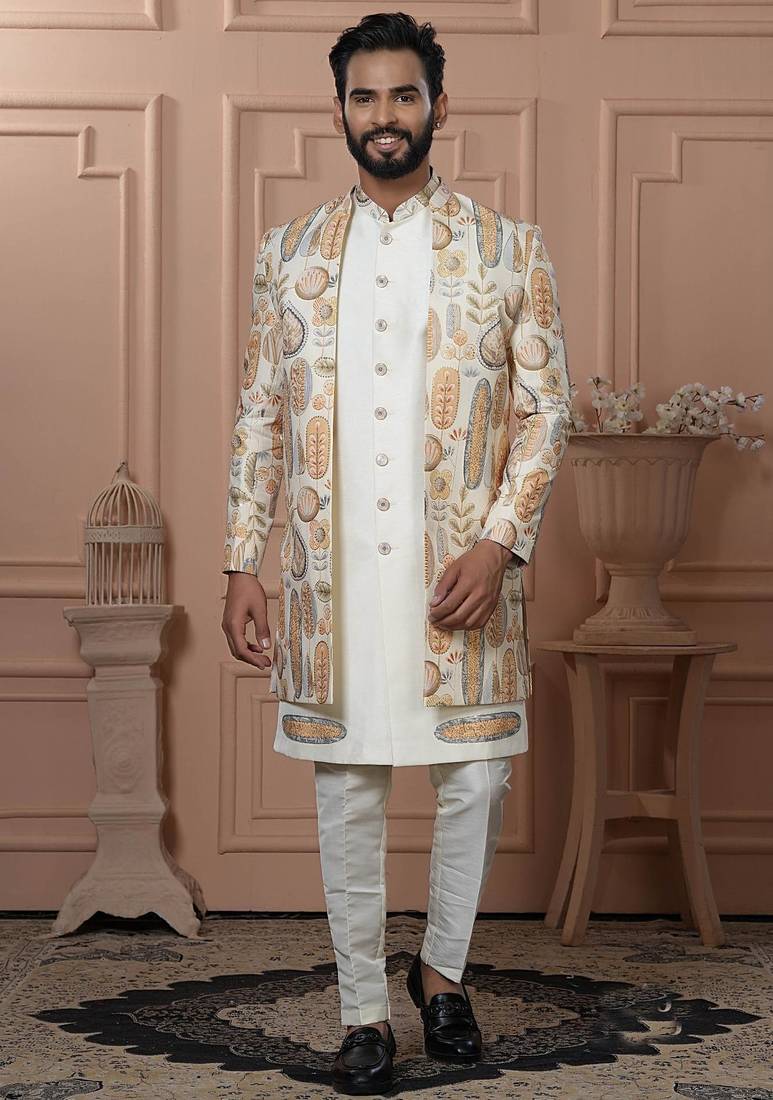 White silk embroidered premium designer indo western for men's