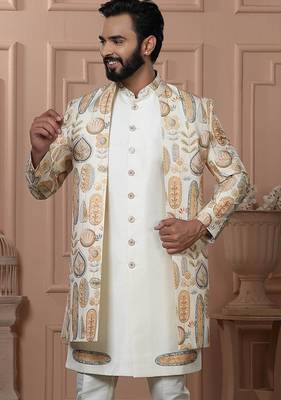 White silk embroidered premium designer indo western for men's 2