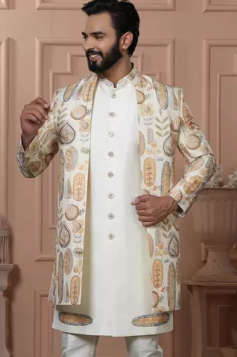White silk embroidered premium designer indo western for men's