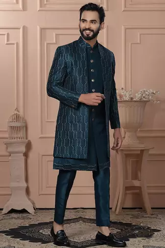 Blue silk embroidered premium designer indo western for men's